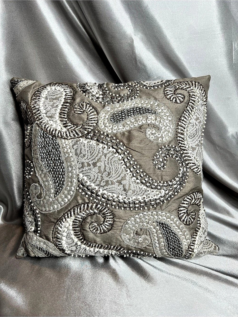 Embellished Paisley Accent Pillow in Gray & Silver